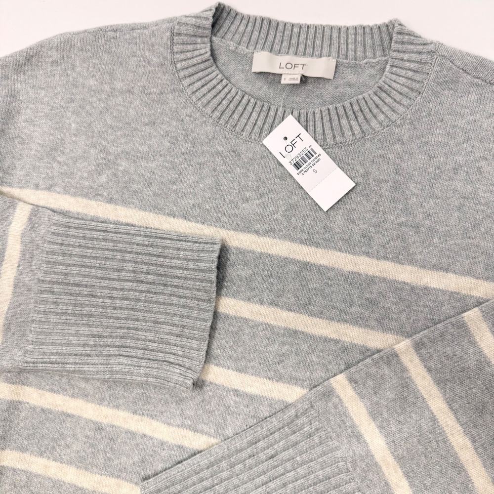 LOFT Womens Small‎ Grey Cream Striped Crewneck Sweater 3/4 Sleeve NEW
